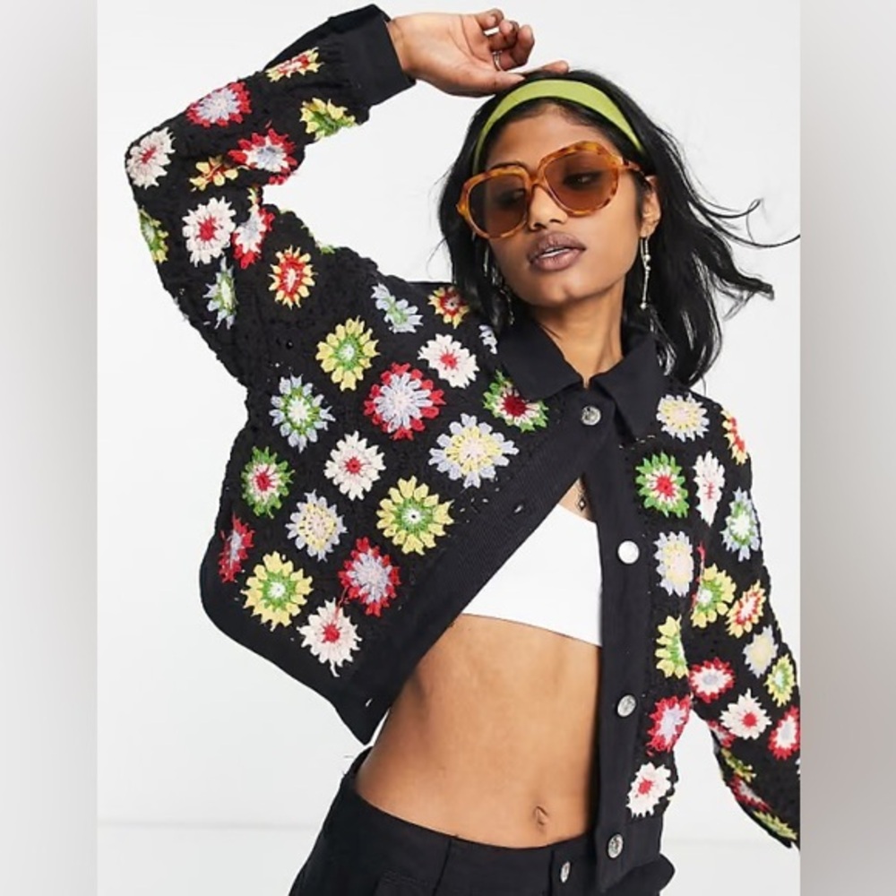 Bershka Crochet Granny Square Floral Print Black Denim‎ Short Jacket Medium EUC
